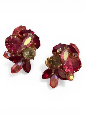 Schoffel Austria Crown Mark Pink Rhinestone Clip On Earrings Vintage EUC